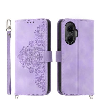 Чехол-книжка Skin-feel Flowers Embossed для Xiaomi Poco F7 - фиолетовый