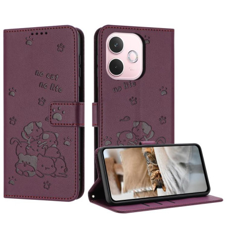 Чохол-книжка Embossed Kitten Phone Leather для OPPO A5 Pro 5G Global - винно-червоний