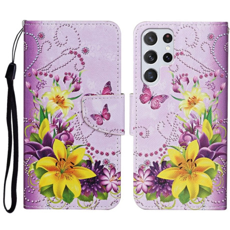 Чехол-книжка Colored Drawing Pattern для Samsung Galaxy S23 Ultra 5G - Yellow Flower Butterfly