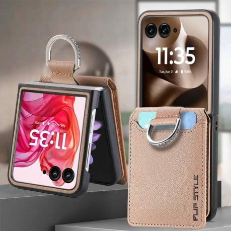 Противоударный чехол Litchi Texture Leather Ring Wallet  на Motorola Razr 60 Ultra - хаки