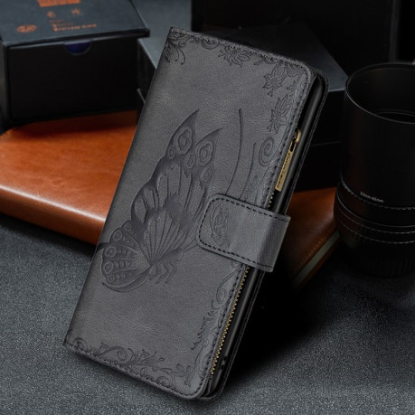 Чехол-кошелек Flying Butterfly Embossing для iPhone 13 Pro Max - черный