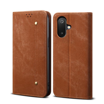 Чехол-книжка с джинсовой тканью casual на Samsung Galaxy M06 5G - коричневый
