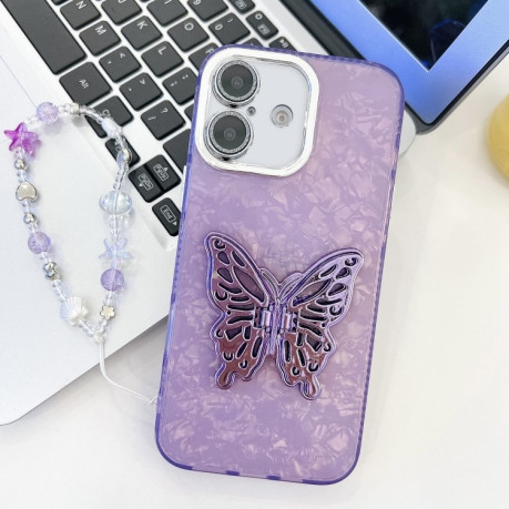 Протиударний чохол Plating Glitter Lens Film Texture Butterfly Holder Wristband для iPhone 16 - Purple Shell Pattern