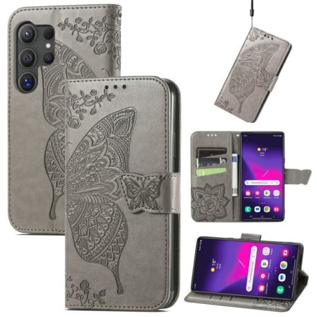 Чохол-книжка Butterfly Love Flower Embossed на Samsung Galaxy S24 Ultra 5G - сірий