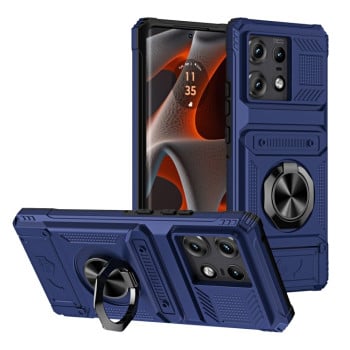 Противоударный чехол Shockproof Card Slot Phone Case with Metal Ring Holder для Motorola Edge 50 Pro - синий