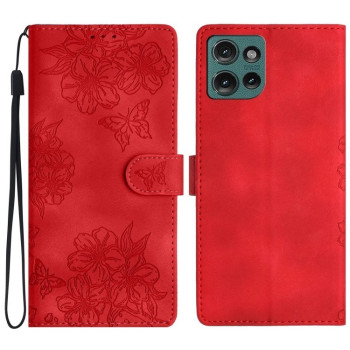 Чехол-книжка Cherry Blossom Butterfly Skin Feel Embossed на Motorola Edge 50 5G - красный