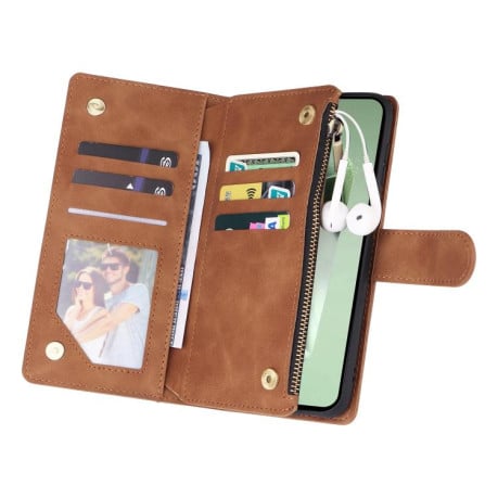 Чехол-книжка Multifunctional Frosted Zipper Wallet с матовой фактурой и ремешком на Samsung Galaxy S25 FE 5G - коричневый