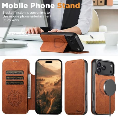 Чехол-книжка Suteni J06 с фактурой Retro Matte Litchi с MagSafe на iPhone 17 - хаки
