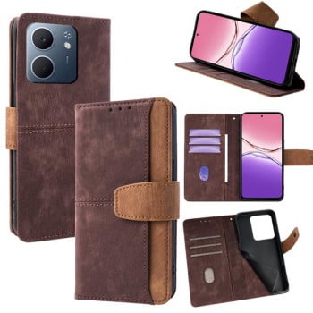 Чохол-книжка Color Stitching Skin Feel із захистом від сканування RFID та магнітним хлястиком на OPPO A5x 5G - коричневий