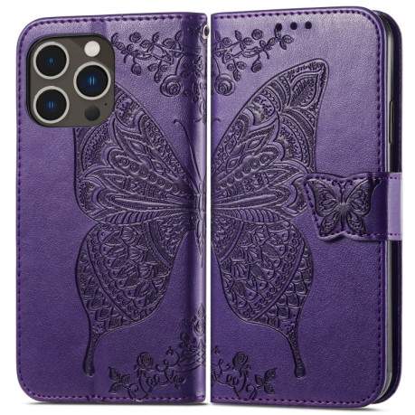 Чехол-книжка Butterfly Love Flower Embossed для iPhone 15 Pro Max - фиолетовый