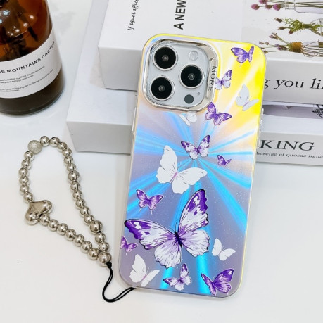 Противоударный чехол Electroplating Laser Butterfly Phone Case with Wrist Strap на iPhone 16 Pro Max - White Purple Butterflies