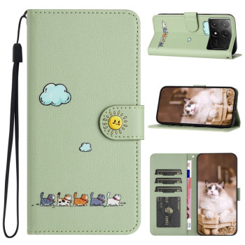 Чехол-книжка Cartoon Cats Leather для Xiaomi Poco X6 Pro - зеленый