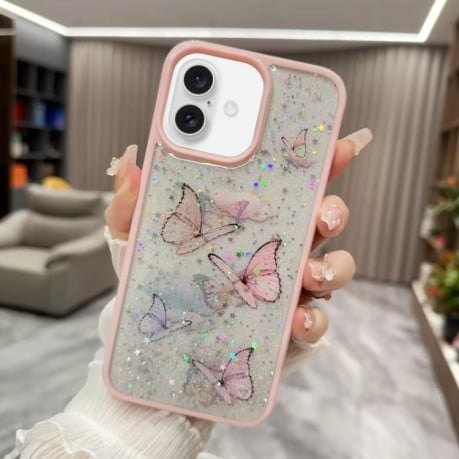 Противоударный чехол Color Butterfly Glitter Epoxy TPU для iPhone 16 - розовый