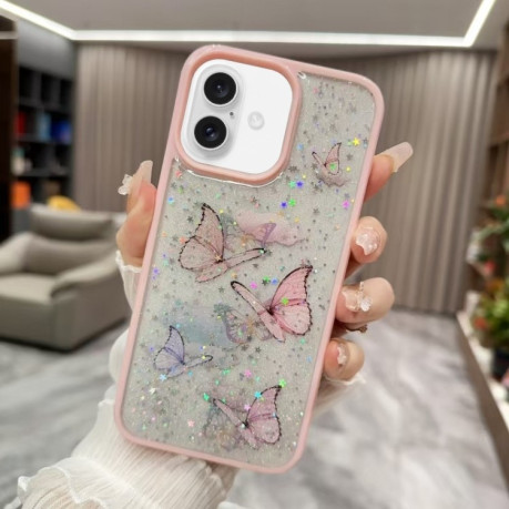 Противоударный чехол Color Butterfly Glitter Epoxy TPU для iPhone 16 Plus - розовый