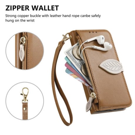 Чохол-книжка Leaf Buckle Zipper Wallet Leather with Strap на блискавці з ремінцем для OPPO Reno14 F 5G — коричневий