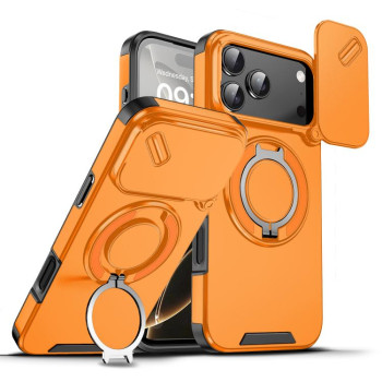 Противоударный чехол со шторкой камеры Sliding Camshield и кольцом-подставкой на iPhone 18 Pro Max — оранжевый