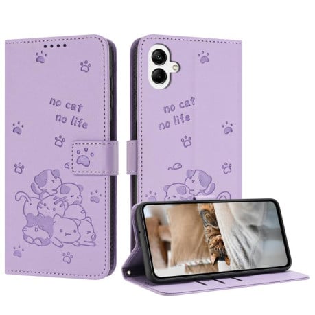 Чехол-книжка Embossed Kitten Phone Leather на Samsung Galaxy A07 4G - фиолетовый