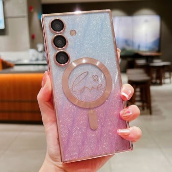 Протиударний чохол Dual-Love Leaves Gradient Glitter MagSafe TPU для Samsung Galaxy S25+ 5G - рожевий