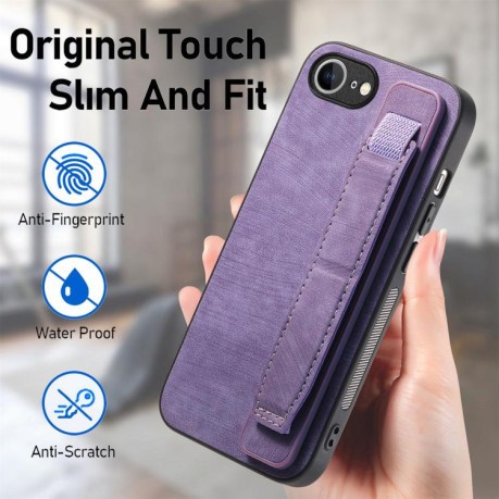 Противоударный чехол Wristband Leather Back для iPhone 16e - фиолетовый