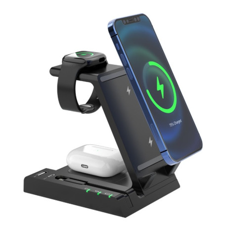 Бездротова зарядна станція Z252 6-In-1 Wireless Charging Stand Dock With USB-C/Type-C Port &amp; 8 Pin Charge Cable - чорна
