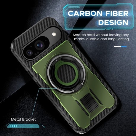 Протиударний чохол Ring Holder Carbon Fiber PC Hybrid TPU для Google Pixel 9/9 Pro - зелений