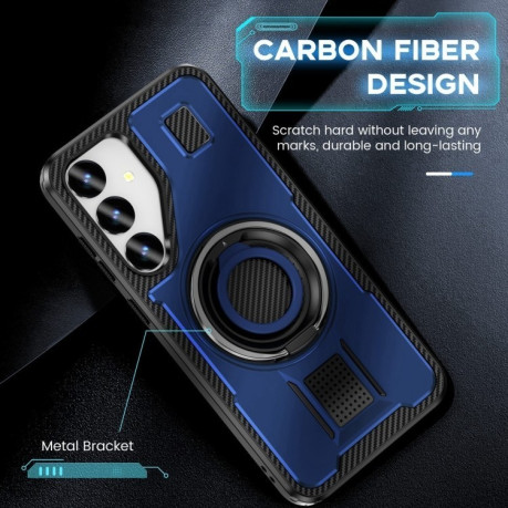 Противоударный чехол Ring Holder Carbon Fiber PC Hybrid TPU для Samsung Galaxy S25+ 5G - синий
