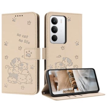 Чехол-книжка Embossed Kitten Phone Leather для Realme C75 4G - бежевый