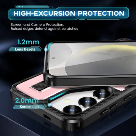 Противоударный чехол Ring Holder Carbon Fiber PC Hybrid TPU для Samsung Galaxy S25+ 5G - розовое золото