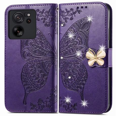 Чохол-книжка Rhinestones Butterfly Love Flower Embossed для Xiaomi 13T / 13T Pro - фіолетовий