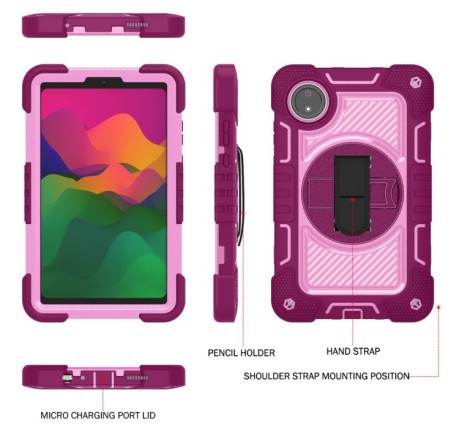 Противоударный чехол Acrylic 360 Degree Rotation Holder Leather для Redmi Pad SE 8.7 2024 - Rose Red + Pink