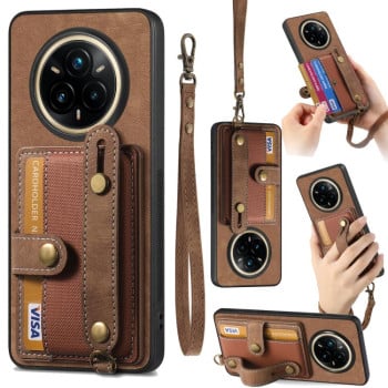 Противоударный чехол Retro Cross Wristband Wallet Leather для Realme 14 Pro+ - коричневый