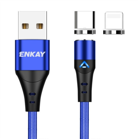Магнітний Кабель ENKAY 2 in 1 3A USB to 8 Pin + Type-C Magnetic Fast Charging Data Cable, Length:2m - синій