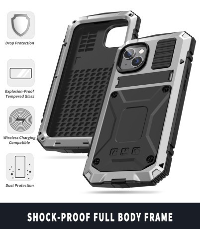 Противоударный металлический влагозащитный чехол R-JUST Dustproof на iPhone 14 Plus - серебристый