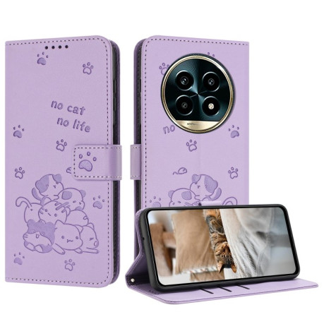 Чехол-книжка Embossed Kitten Phone Leather Case with Lanyard для Realme 13 Pro 5G - фиолетовый