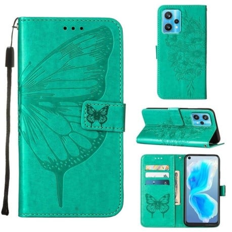 Чехол-книжка Embossed Butterfly для Realme 9 Pro Plus - зеленый