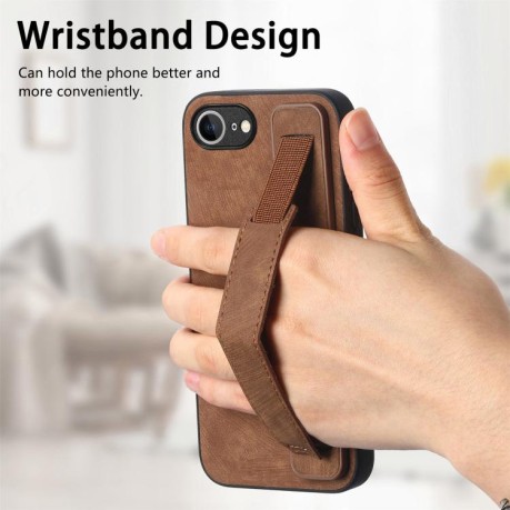 Противоударный чехол Wristband Leather Back для iPhone 16e - коричневый