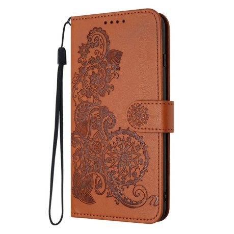 Чехол-книжка Embossed Flower Zipper Leather на Redmi Note 14 5G/Poco M7 Pro 5G - коричневый