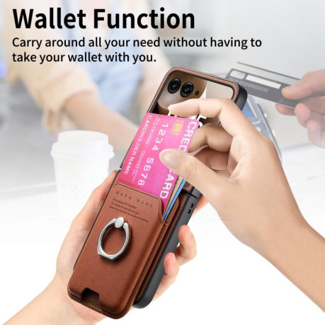 Противоударный чехол Twill Fabric Card Bag Ring Magnetic для Motorola Moto Razr 60 Ultra 5G - коричневий
