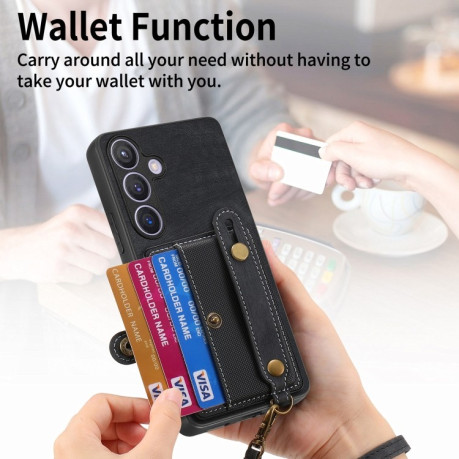 Противоударный чехол Retro Cross Wristband Wallet Leather для Samsung Galaxy S24+ 5G - черный
