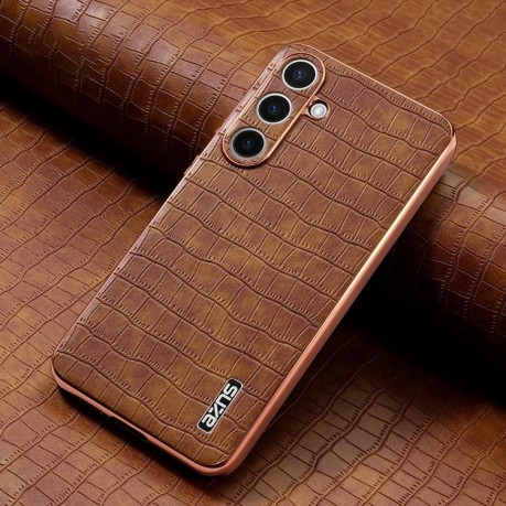 Чехол AZNS Electroplated Frame Crocodile Texture на Samsung Galaxy S25 5G - коричневый