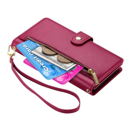 Чехол-кошелек Nine Card-slot Zipper Wallet Bag Leatherдля Samsung Galaxy S24 FE 5G - красный