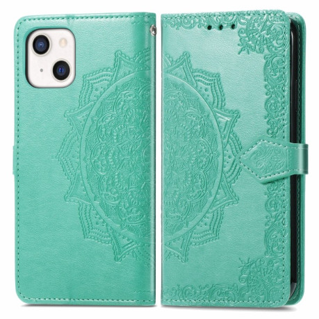 Чехол-книжка Mandala Embossing Pattern на iPhone 13 mini - зеленый