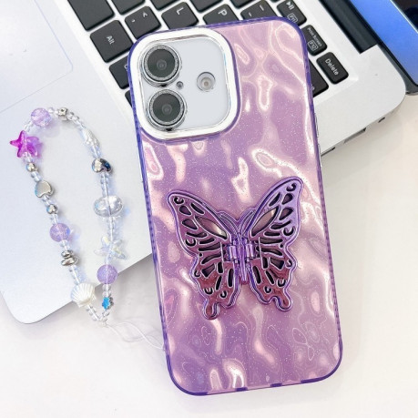 Протиударний чохол Plating Glitter Lens Film Texture Butterfly Holder Wristband для iPhone 16 Plus - Purple Wrinkles