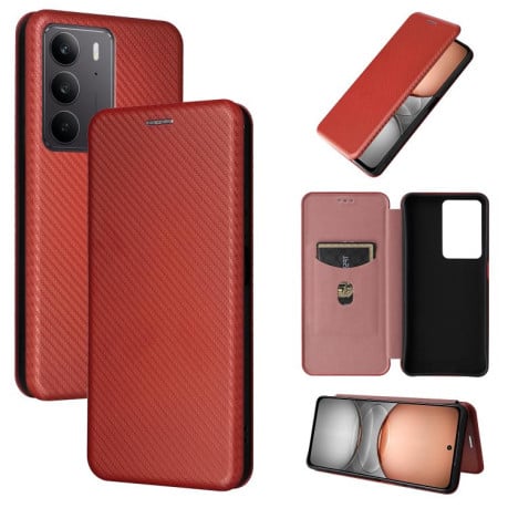 Чехол-книжка Carbon Fiber Texture на Realme C75 4G Global - коричневый