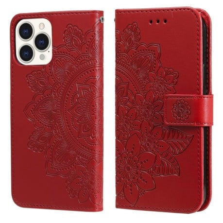 Чехол-книжка Flowers Embossing Pattern для iPhone 13 Pro Max - красный