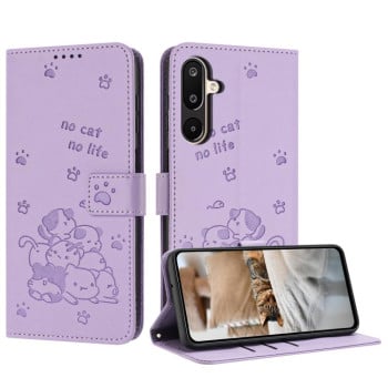 Чехол-книжка Embossed Kitten Phone Leather для на Samsung Galaxy F16 5G / M16 5G - фиолетовый