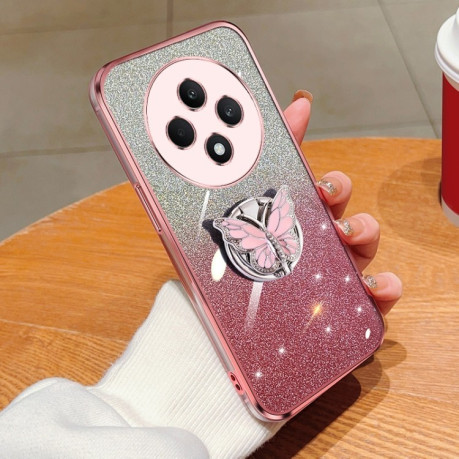 Противоударный чехол Plated Gradient Glitter Butterfly Holder для OPPO Reno12 F/12FS- розовый