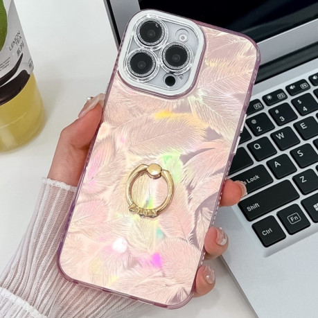 Чохол протиударний Plating Glitter Texture Ring Holder для iPhone 16 Pro - Pink Feathers