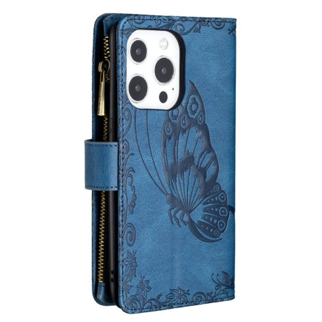 Чехол-кошелек Flying Butterfly Embossing для iPhone 14/13 - синий