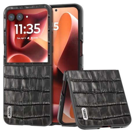 Чохол протиударний ABEEL Crocodile Texture Genuine Leather для Motorola Razr 60 Ultra - чорний